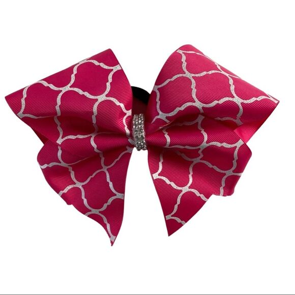 Cheerleader Pink and White Cheer Bow Rhinestone Center on Ponytail Holder - Picture 1 of 9